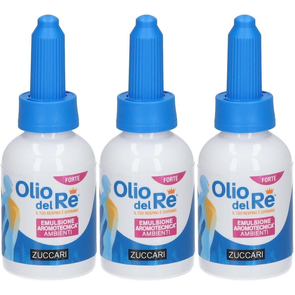 Tre flaconi Zuccari Olio del Re con tappi contagocce blu. Flaconi bianchi con etichette riportanti 'Olio del Re' e 'Zuccari'.
