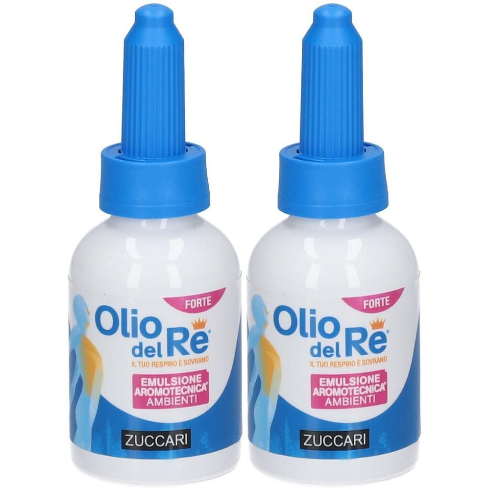 Due flaconi Zuccari Olio del Re con tappi contagocce blu. Emulsione aromotecnica per ambienti.