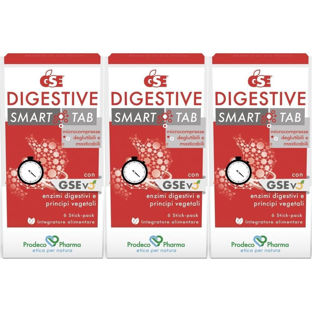 Tre confezioni di GSE Digestive Smart Tab, 6 stick-pack per confezione. Contiene enzimi digestivi vegetali.