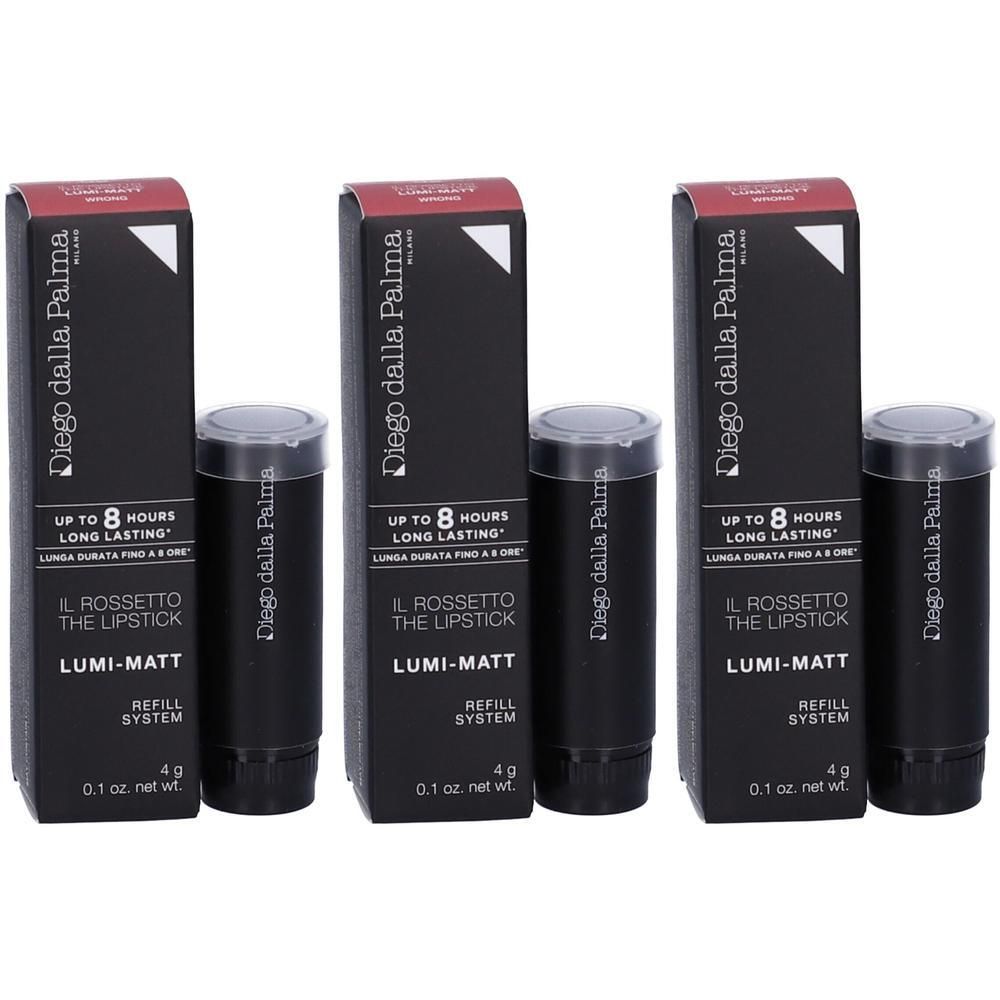 Tre confezioni di rossetto Diego dalla Palma Lumi-Matt. Ogni confezione contiene un rossetto e un sistema di ricarica.