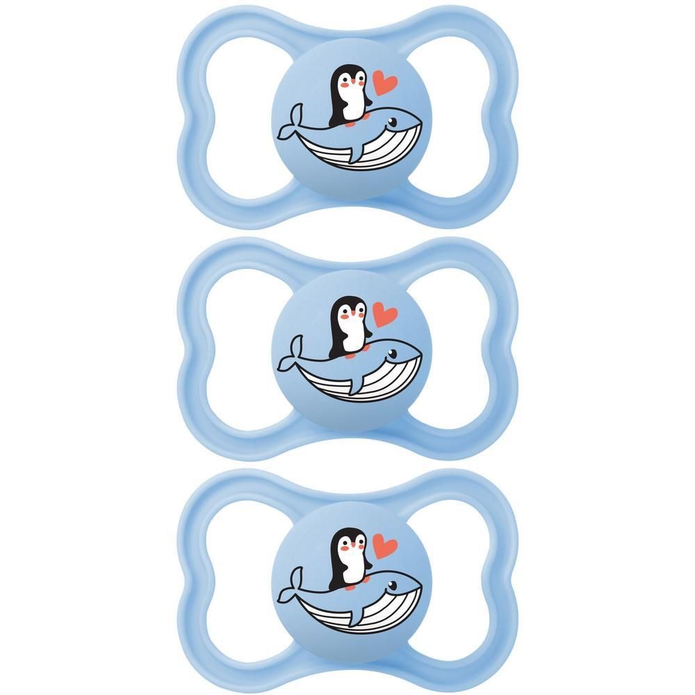 Tre tettarelle azzurre con motivo balena e pinguino.