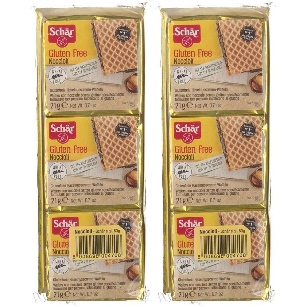 Sei confezioni di cialde Schär Gluten Free Nocciolí alle nocciole, incartate singolarmente.