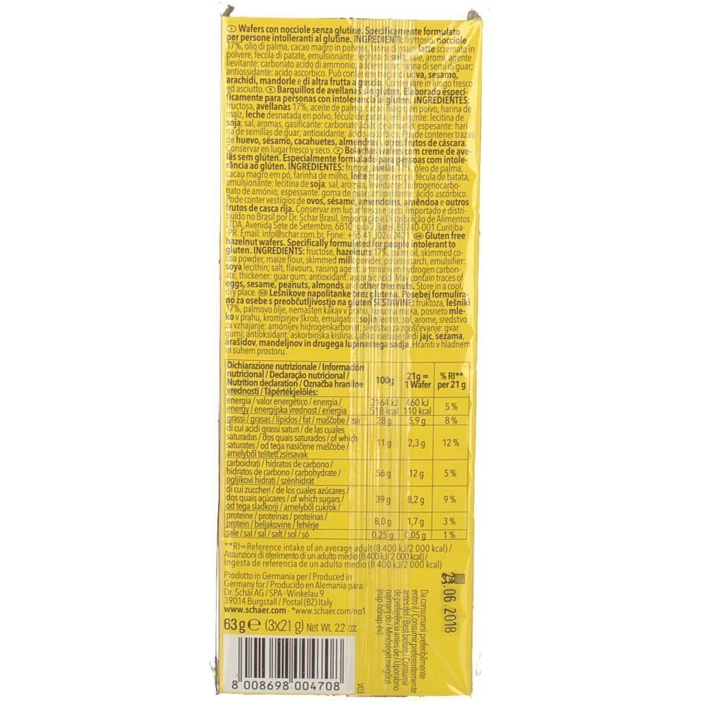 Retro di una confezione di cialde Schär Gluten Free Nocciolí alle nocciole con valori nutrizionali ed elenco ingredienti.
