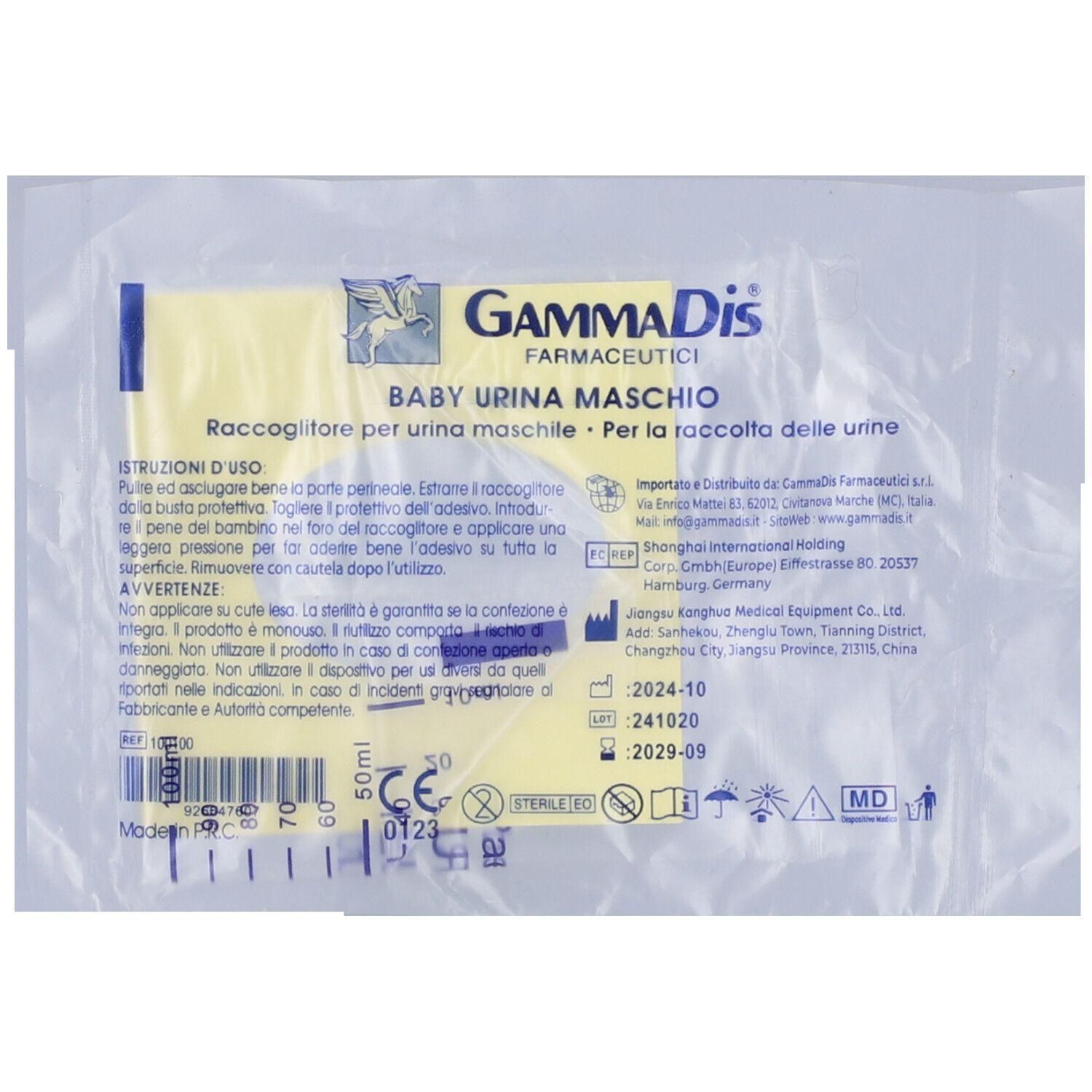 Sacchetto sterile per raccolta urine neonato maschio, con adesivo. Graduazione fino a 100ml.