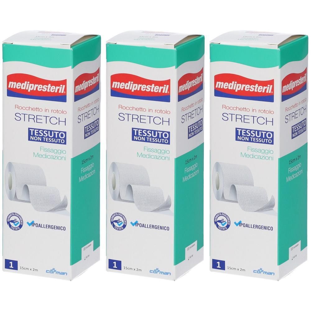 Tre confezioni di rotolo Medipresteril Stretch in tessuto non tessuto per medicazioni, 15 cm x 2 m.