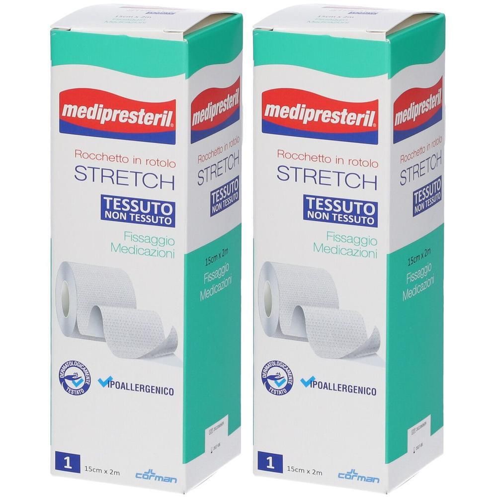 Due confezioni di rotolo in tessuto non tessuto Medipresteril Stretch per fissaggio medicazioni. Ipoallergenico.