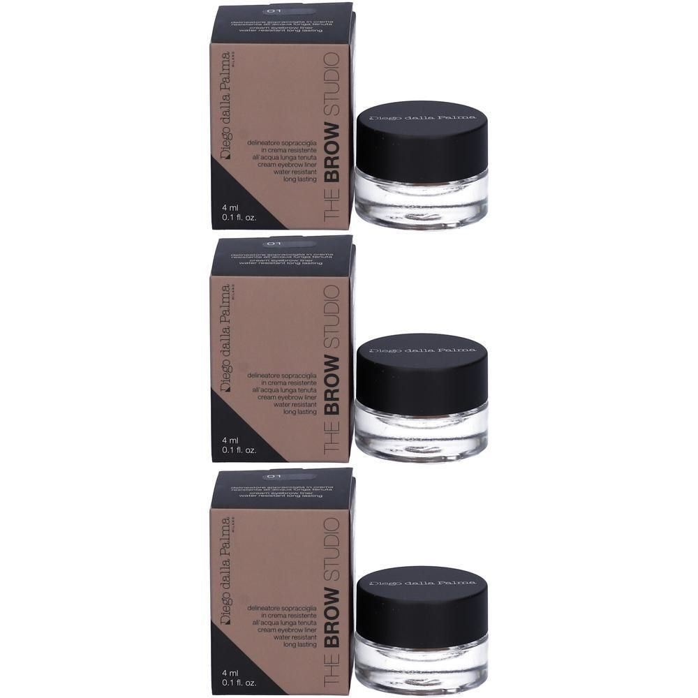 Tre piccoli vasetti di gel per sopracciglia con confezione. Ogni scatola riporta 'THE BROW STUDIO'.