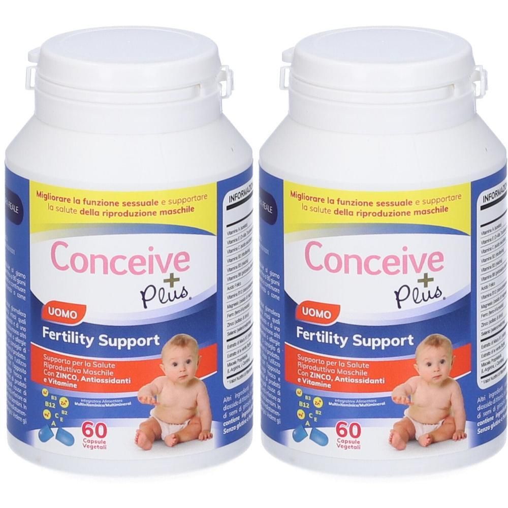 Due flaconi di Conceive Plus Uomo Supporto Fertilità, 60 capsule vegetali per flacone.