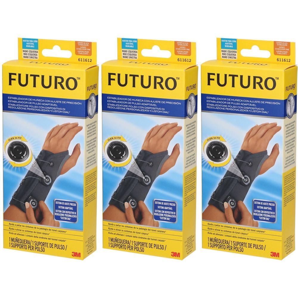 Tre confezioni di tutore per polso Futuro con quadrante di regolazione di precisione. Materiale grigio scuro con chiusure in velcro.