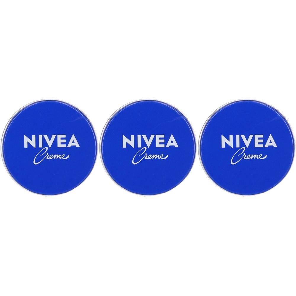 Tre barattoli Nivea Creme blu con scritta bianca.