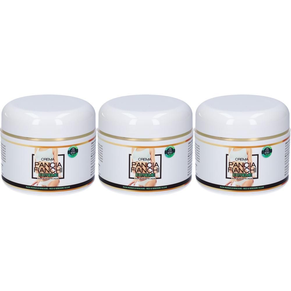 Tre vasetti bianchi con etichetta "Crema Pancia & Fianchi Extreme".