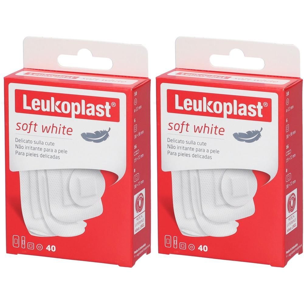 Due confezioni di cerotti Leukoplast Soft White, 40 cerotti per confezione.