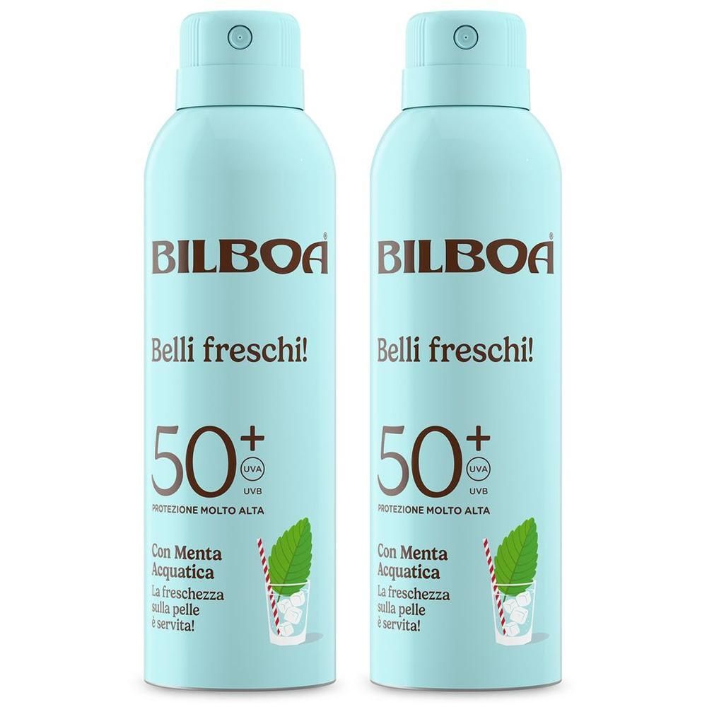 Due flaconi spray solare Bilboa Belli Freschi SPF 50+ alla menta.