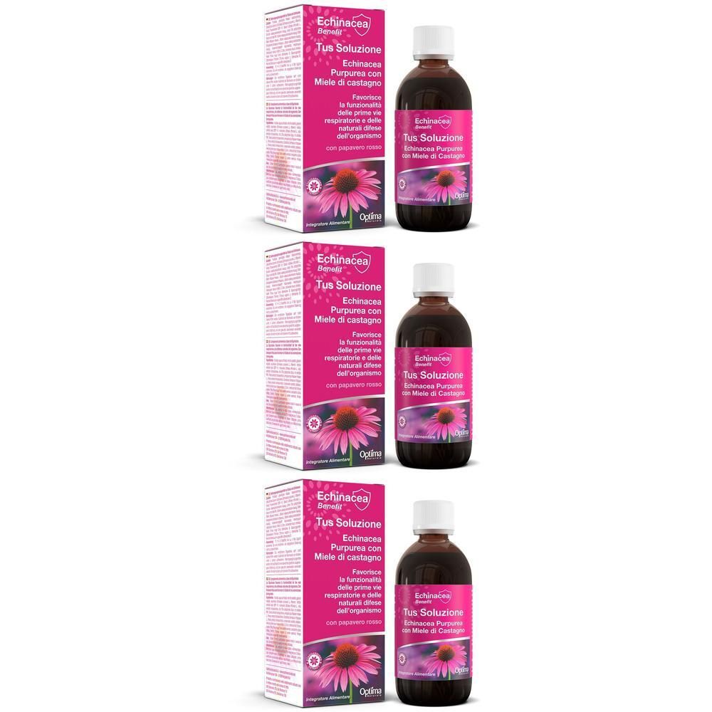 Tre confezioni di Optima Naturals Echinacea Tus Soluzione con flaconi e scatole.