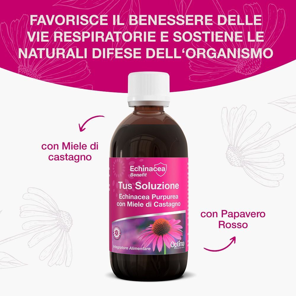 Flacone di Optima Naturals Echinacea Tus Soluzione con etichetta raffigurante echinacea e miele di castagno.