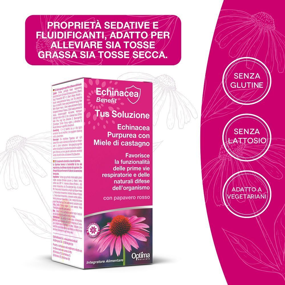 Confezione di Optima Naturals Echinacea Tus Soluzione che indica 'Senza Glutine', 'Senza Lattosio' e 'Adatto ai vegetariani'.