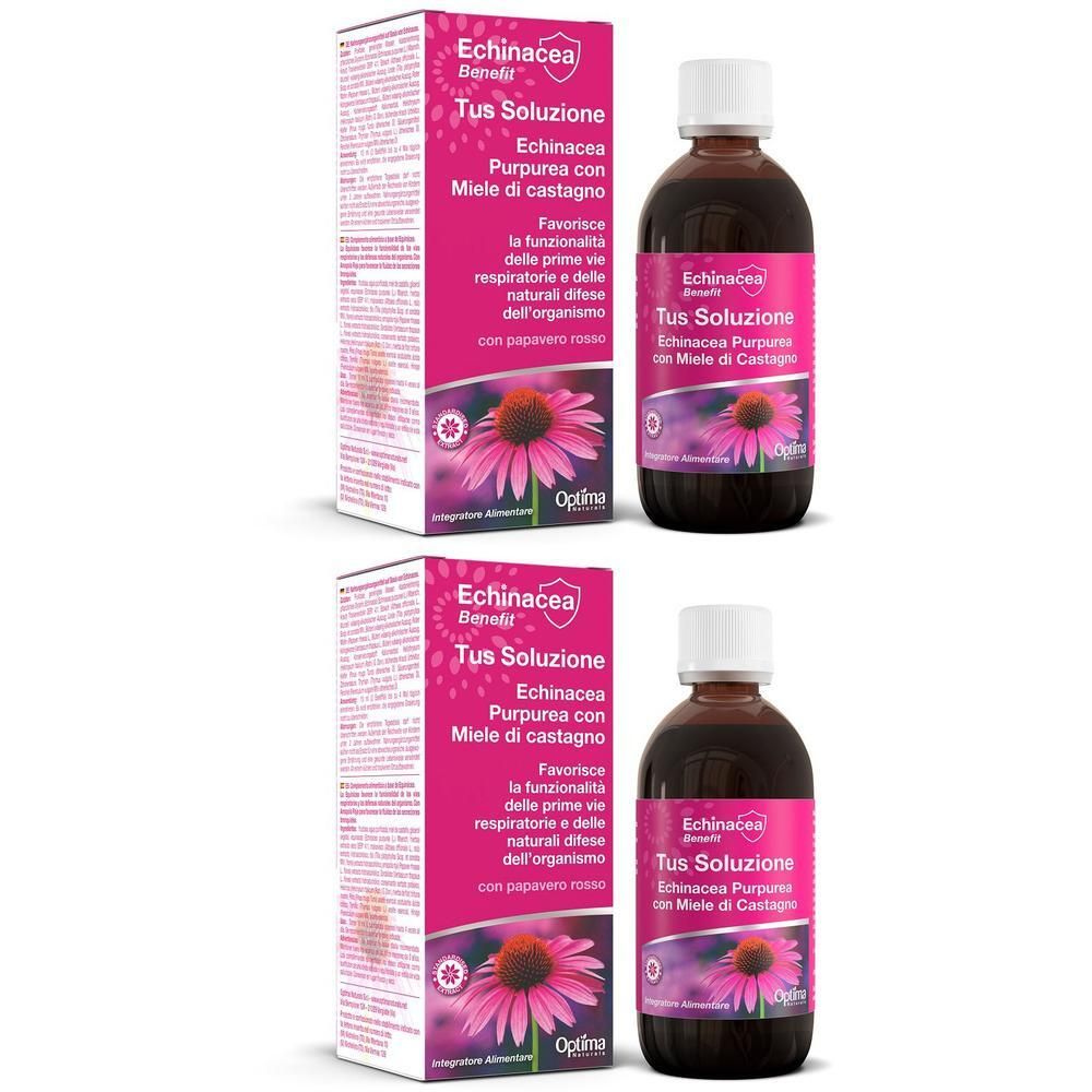 Due flaconi e scatole di Optima Naturals Echinacea Tus Soluzione.