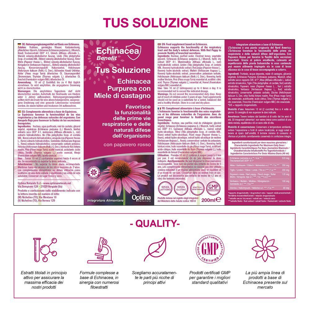 Retro della confezione di Optima Naturals Echinacea Tus Soluzione con informazioni sul prodotto e sigilli.