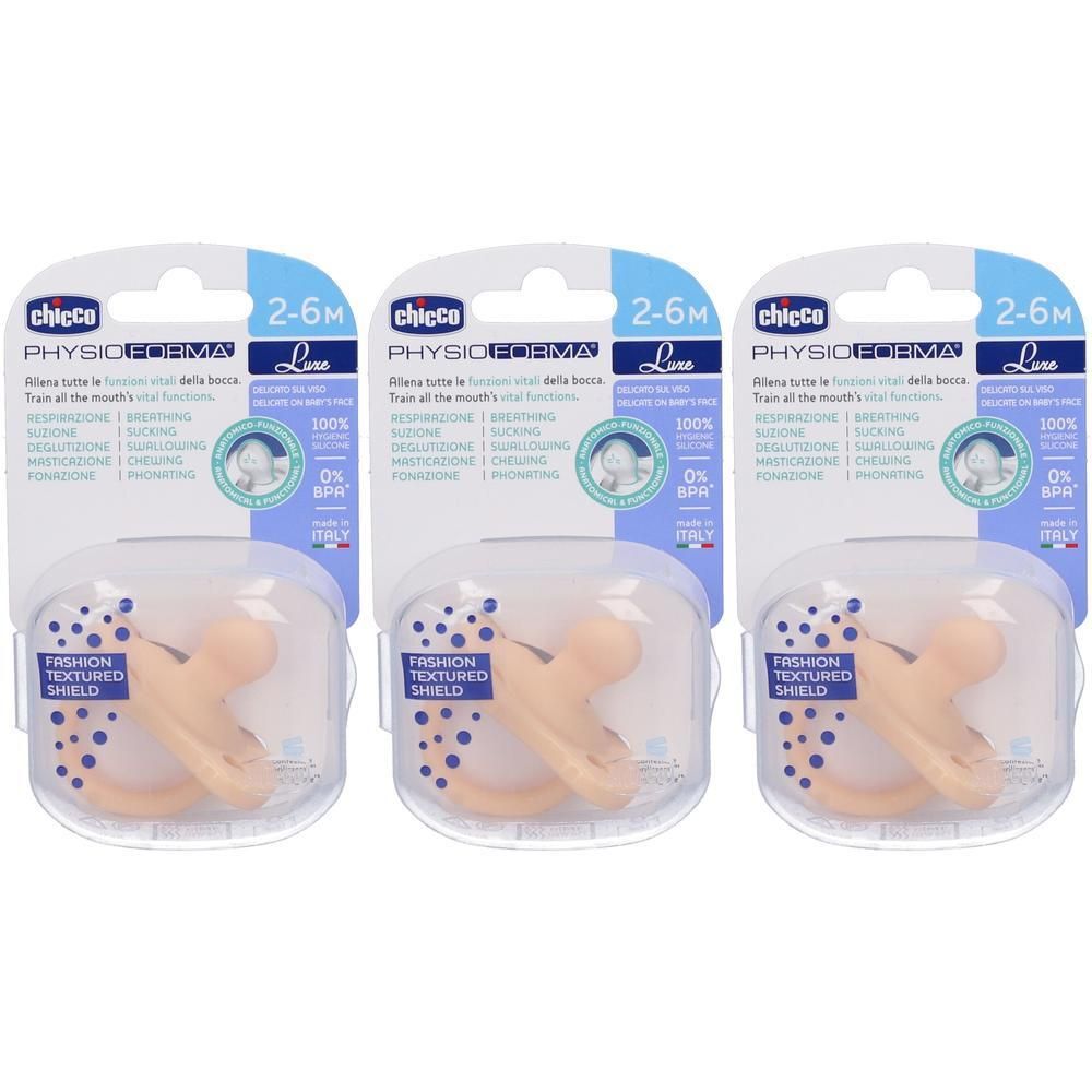 Tre succhietti Chicco PhysioForma rosa, 2-6 mesi, con scudo testurizzato e custodia.