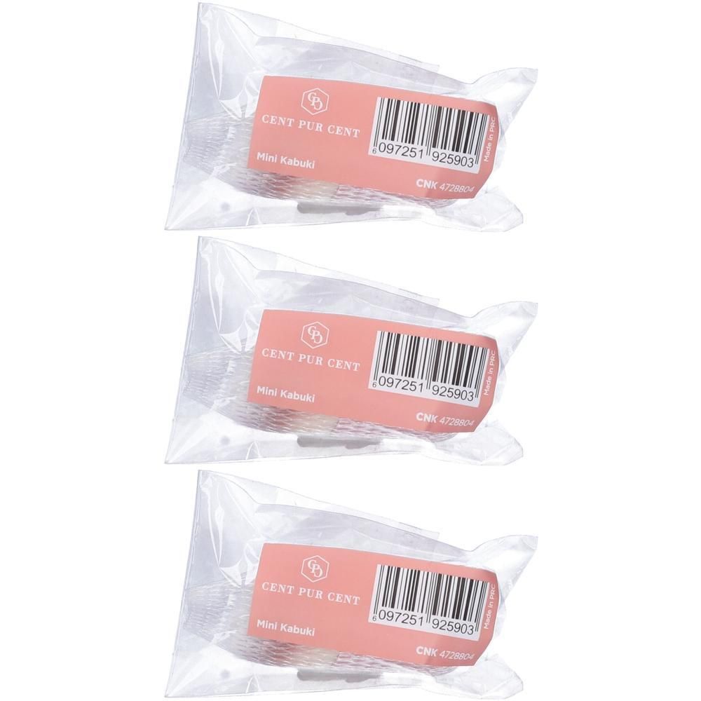 Tre mini pennelli Kabuki, confezionati singolarmente in plastica.