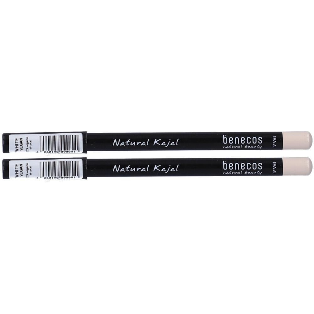 Due matite kajal bianche con scritta nera 'benecos Natural Kajal'.