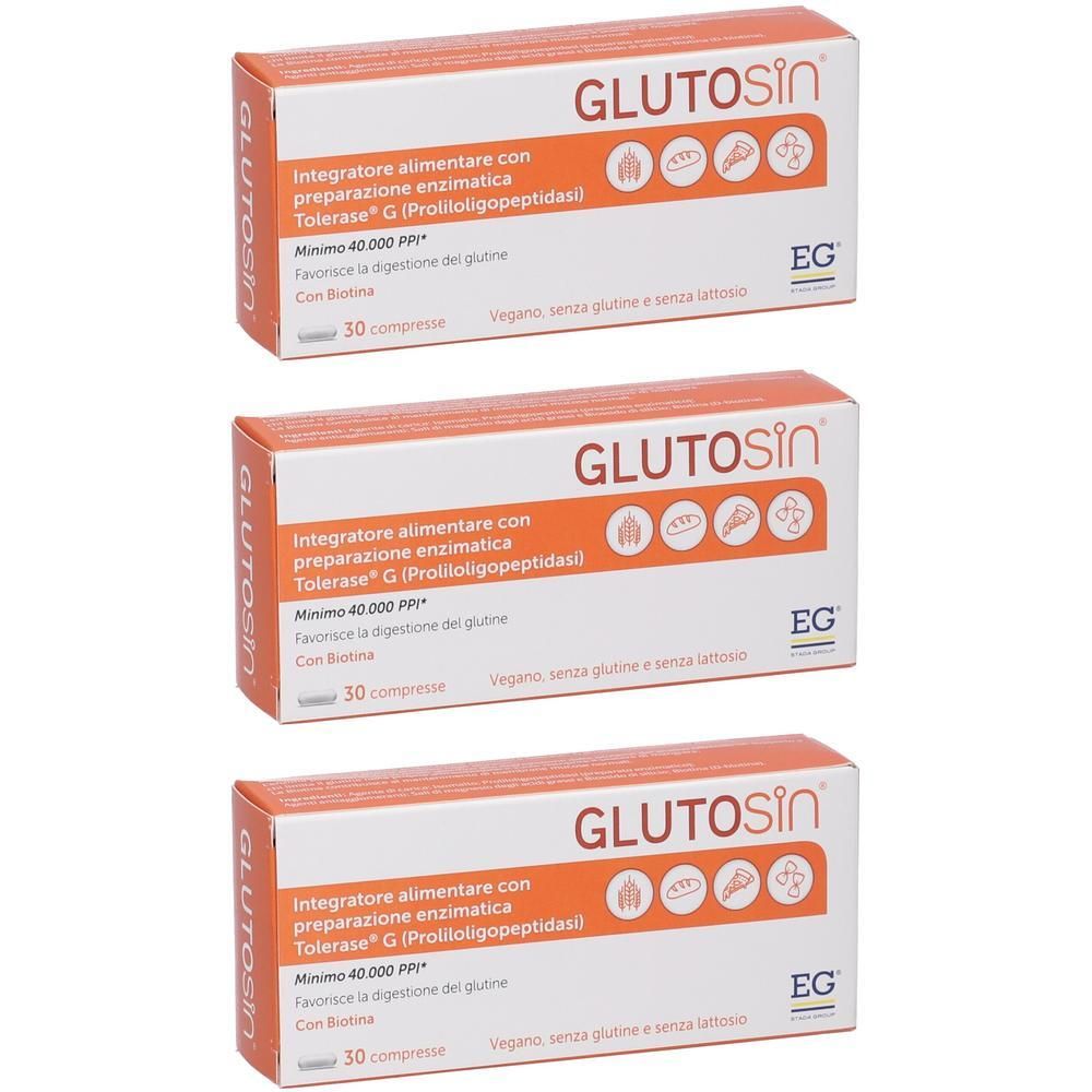 Tre confezioni di Glutosin da 30 compresse ciascuna. Scatola bianco-arancione con nome prodotto e informazioni sull'assunzione.