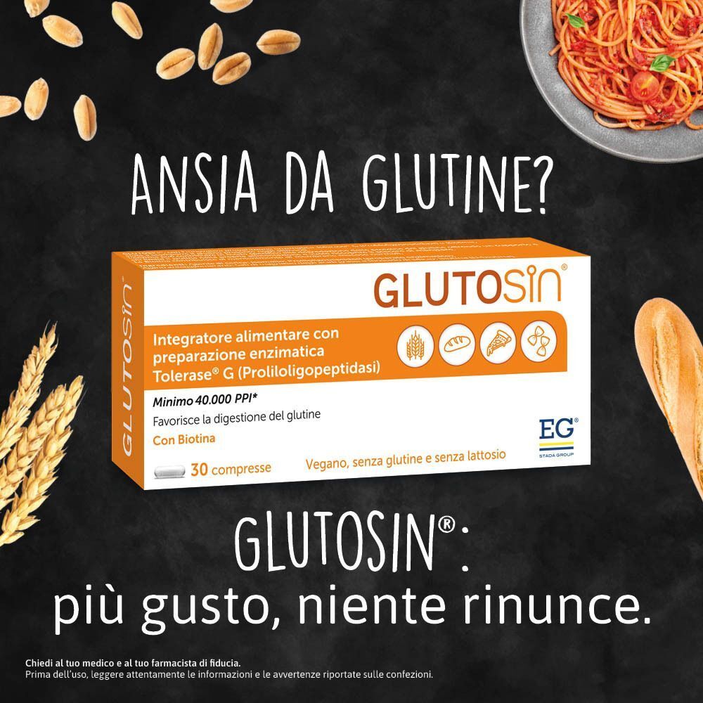 Confezione Glutosin con spighe di grano e pasta. Testo: 'Glutosin: più gusto, niente rinunce.'