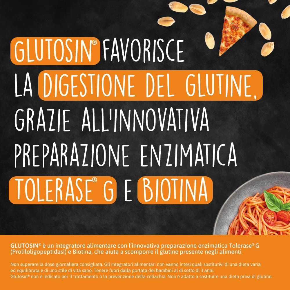 Confezione Glutosin con pizza e pasta. Testo: 'Glutosin favorisce la digestione del glutine grazie a Tolerase G e Biotina.'
