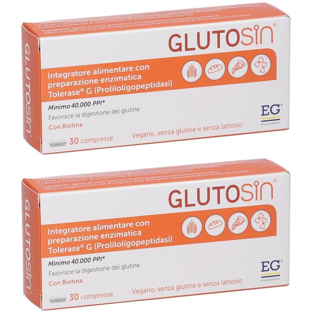 Due confezioni di Glutosin da 30 compresse. Integratore alimentare con preparazione enzimatica.