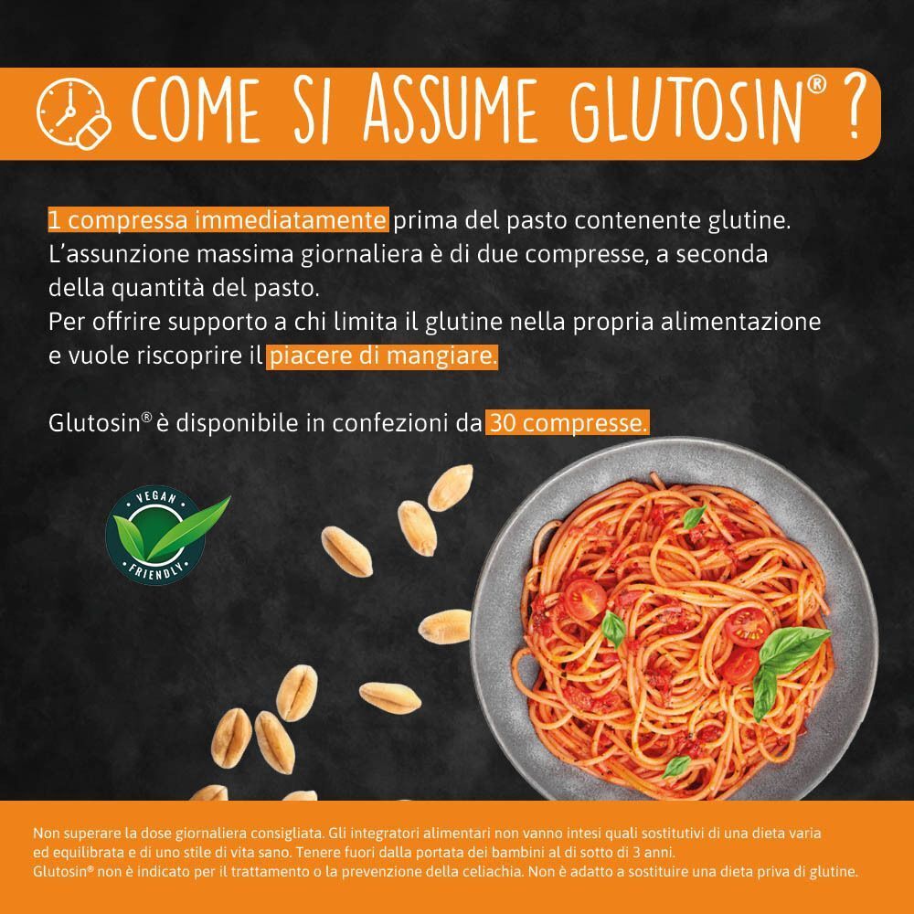 Uso di Glutosin: 1 compressa prima del pasto contenente glutine. Certificazione vegan visibile.