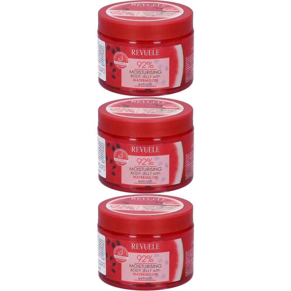 Tre Revuele Body Jelly 92% idratante con estratto di anguria in barattoli rossi.