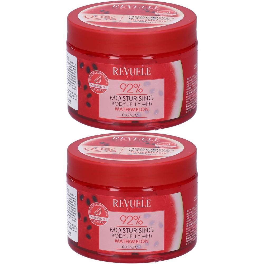 Due gel corpo idratanti Revuele con estratto di anguria in barattoli rossi.