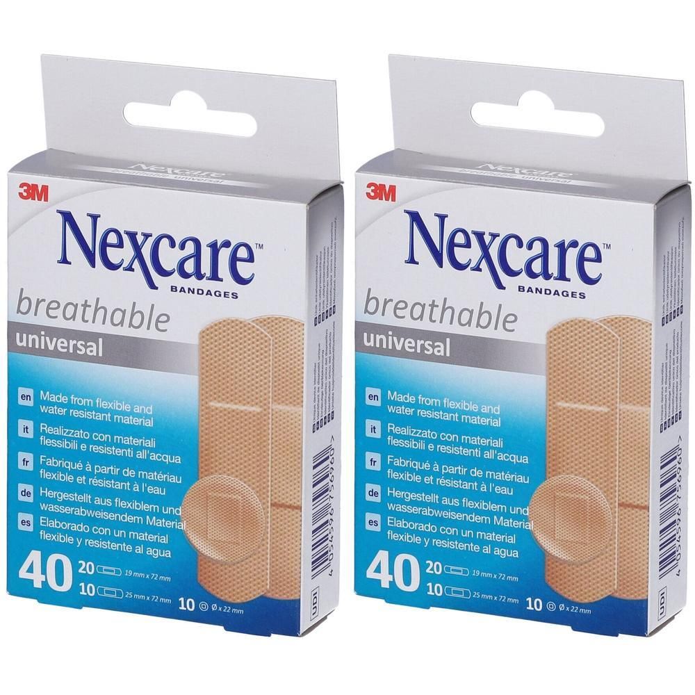 Due confezioni di cerotti universali traspiranti Nexcare. Ogni confezione contiene 40 cerotti.