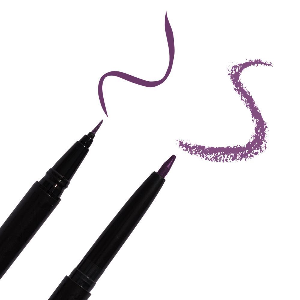 Due eyeliner neri con campioni viola su sfondo bianco.