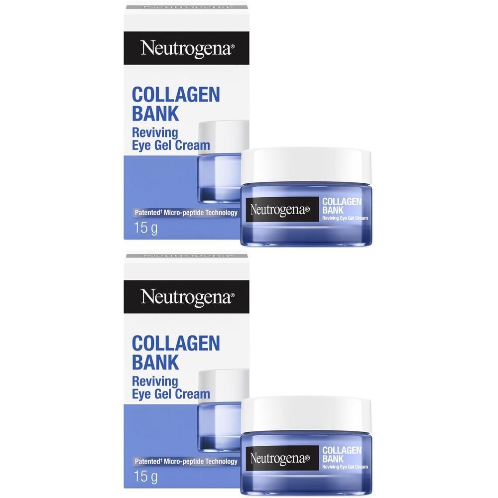 Due vasetti di Neutrogena Collagen Bank Reviving Eye Gel Cream con confezione.