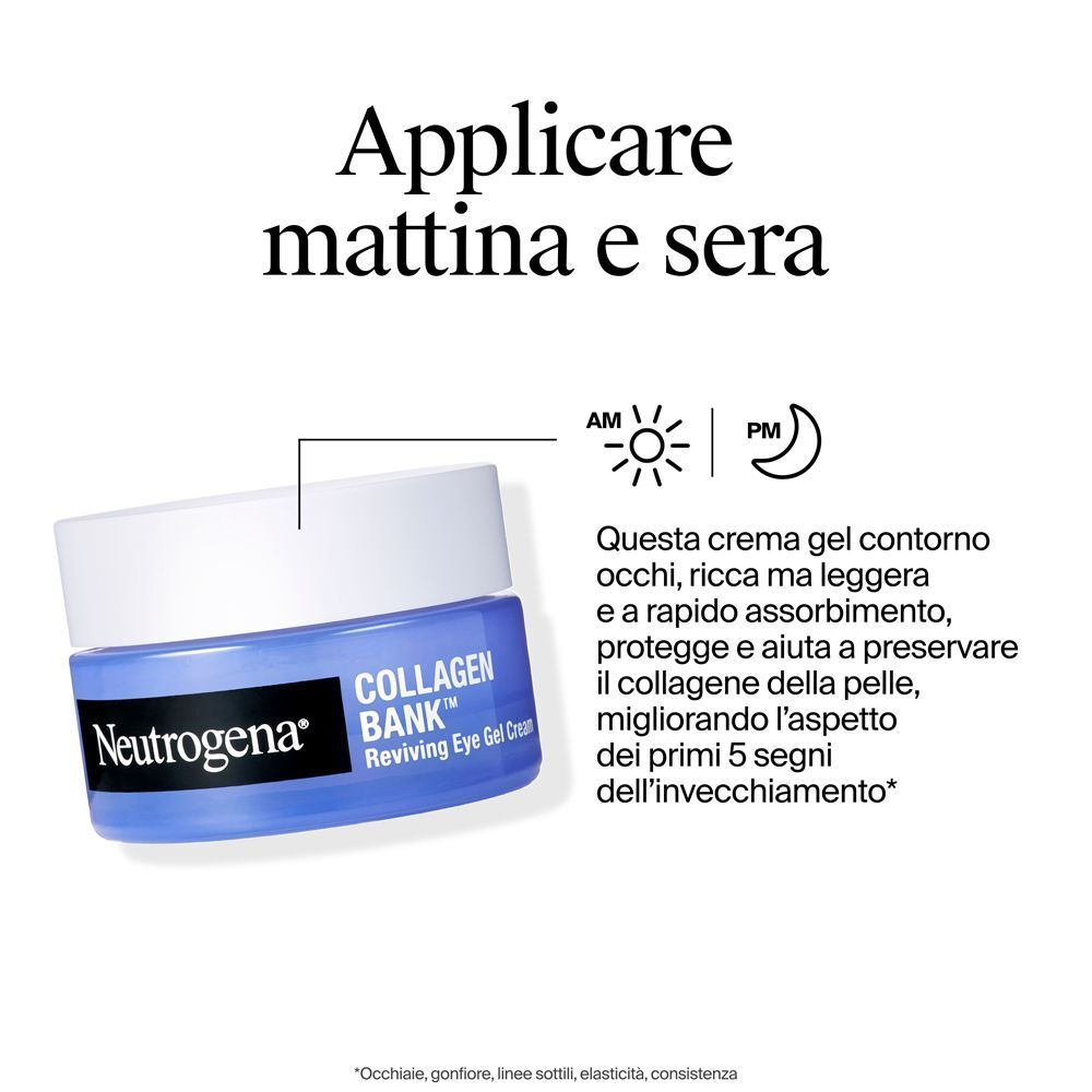 Un vasetto di Neutrogena Collagen Bank Reviving Eye Gel Cream con icone giorno e notte.