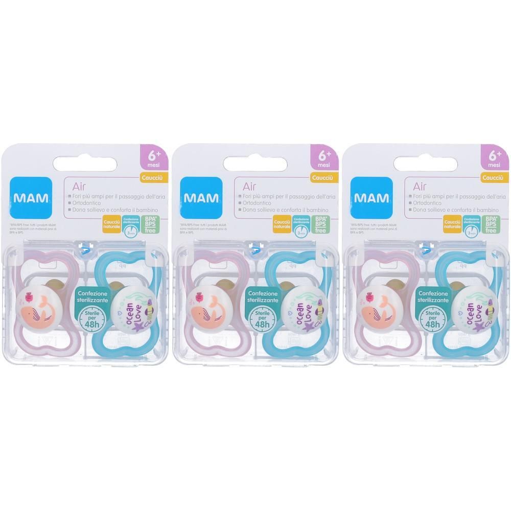 Tre confezioni MAM Air 6+ mesi, 2 succhietti per confezione, rosa e blu.
