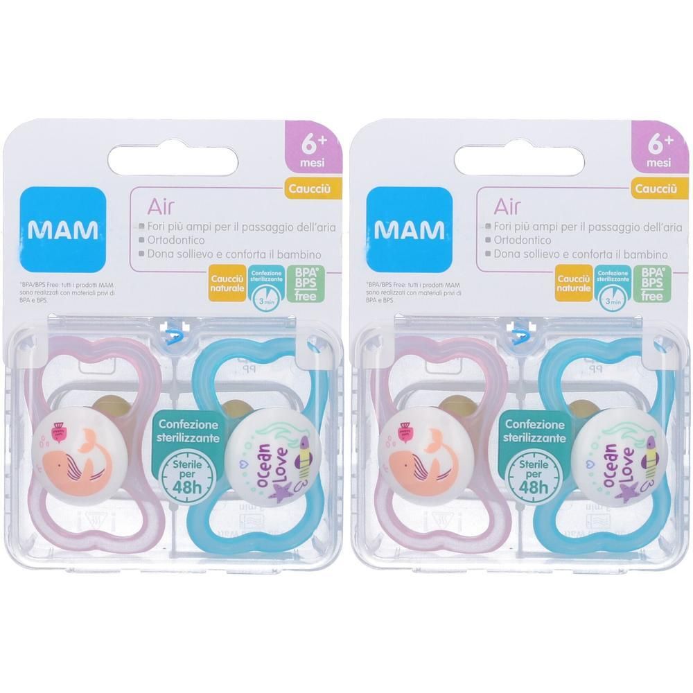 Due succhietti MAM Air 6+ mesi, ortodontici, senza BPA/BPS, in confezione sterilizzante.