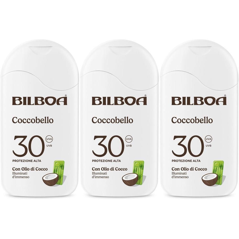 Tre flaconi bianchi di crema solare Bilboa Coccobello SPF 30 con simbolo olio di cocco.