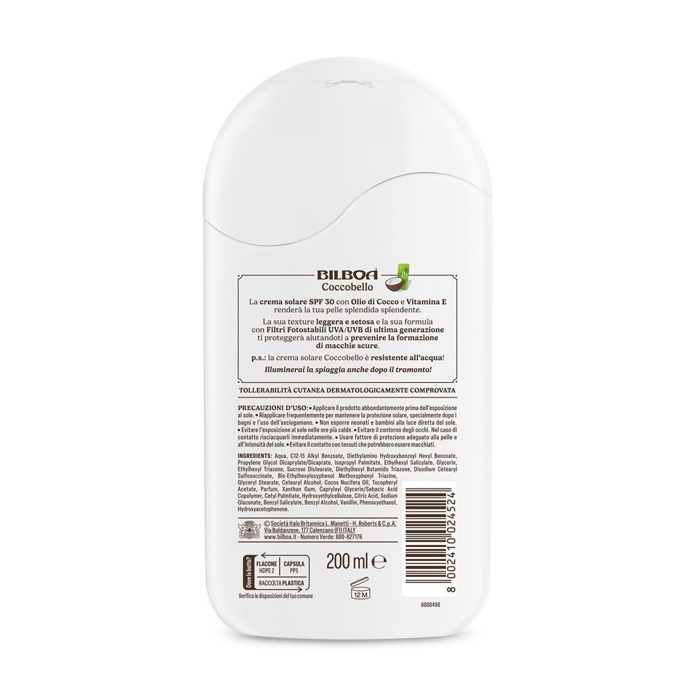 Retro di un flacone di crema solare Bilboa Coccobello con elenco ingredienti e indicazione 200 ml.