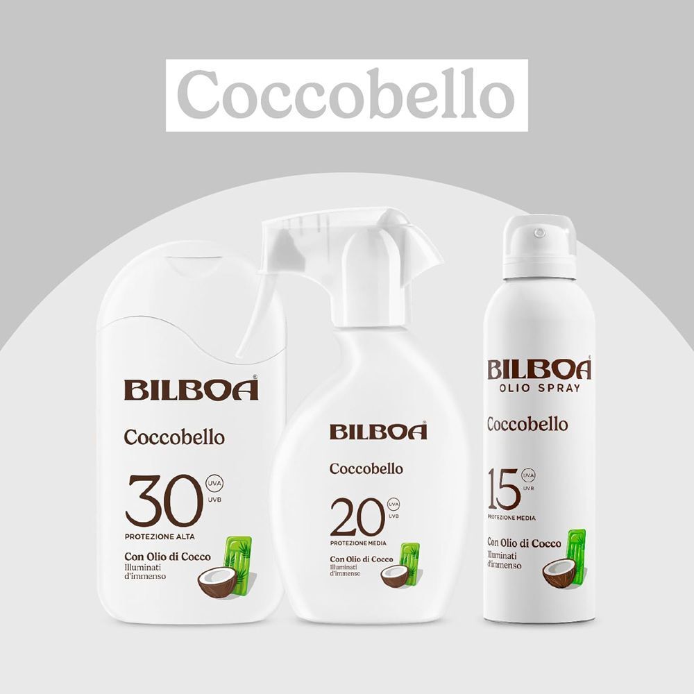 Tre prodotti Bilboa Coccobello: crema solare SPF 30, spray SPF 20 e olio SPF 15.