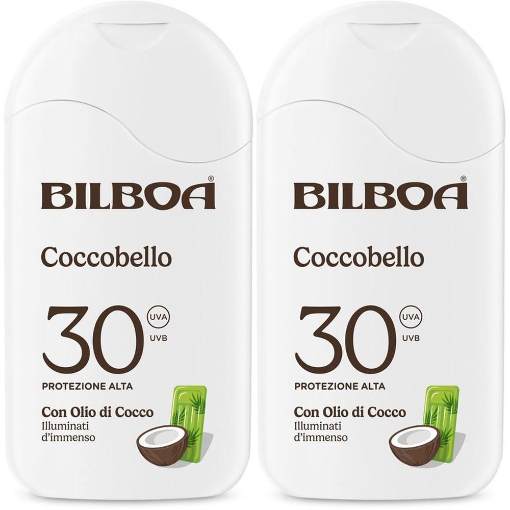 Due flaconi bianchi di Bilboa Coccobello protezione solare SPF 30 con olio di cocco.