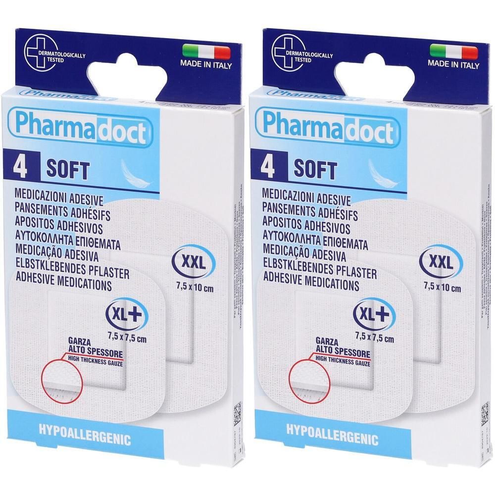 Due confezioni di Pharmadoct 4 Soft cerotti, ipoallergenici. Include misure XXL (7,5x10cm) e XL+ (7,5x7,5cm).