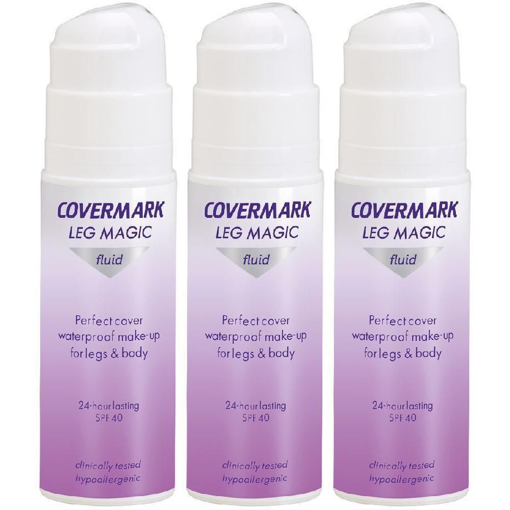 Tre flaconi di Covermark Leg Magic Fluid, trucco waterproof per gambe e corpo, lunga durata 24h, SPF 40.