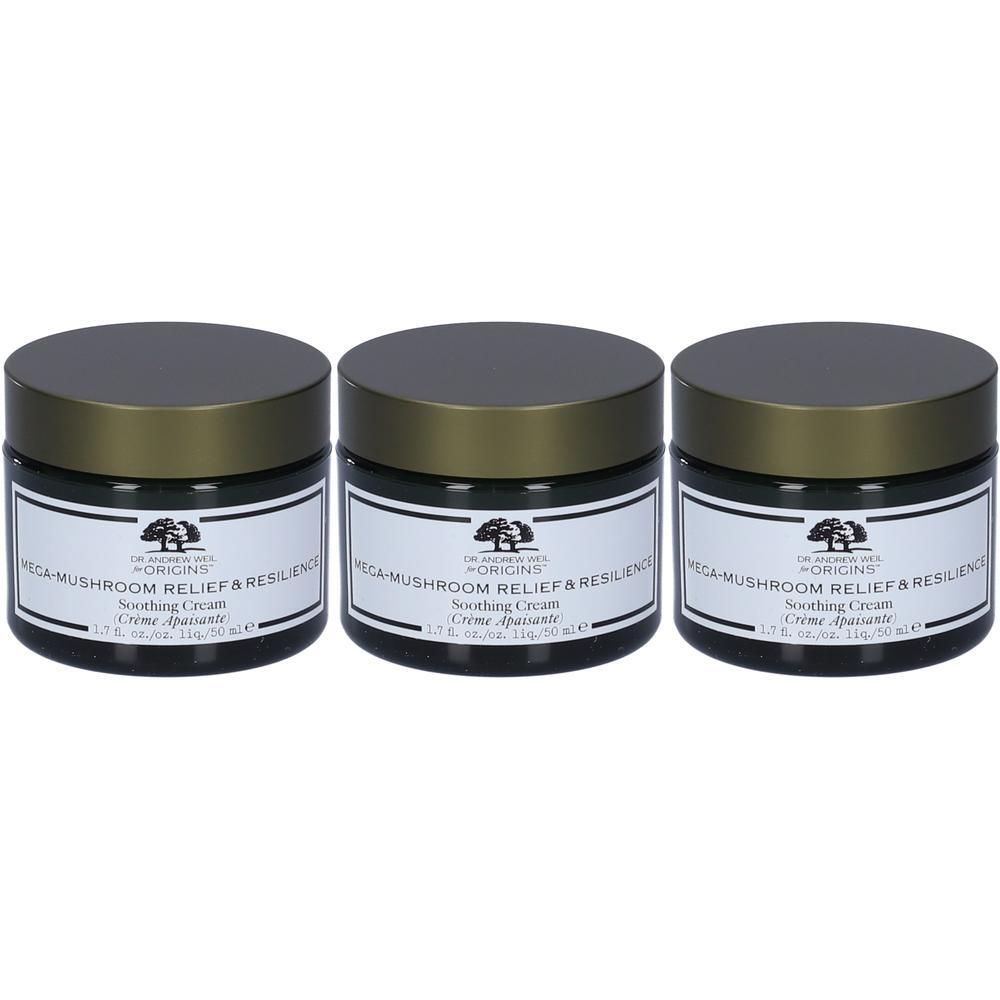 Tre barattoli di Dr. Andrew Weil For Origins Mega-Mushroom Relief & Resilience Soothing Cream.