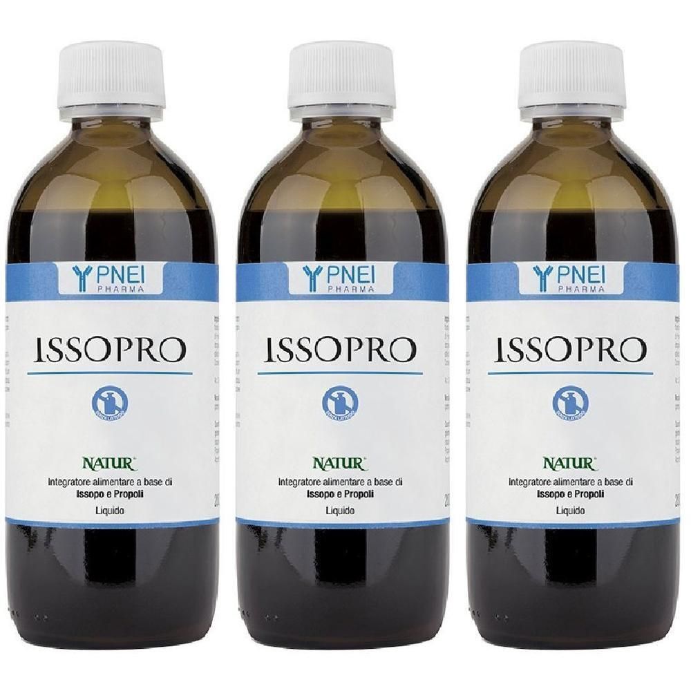 Tre bottiglie di vetro marrone con tappo bianco, riempite di liquido scuro. Etichette con 'ISOPRO NATUR'.