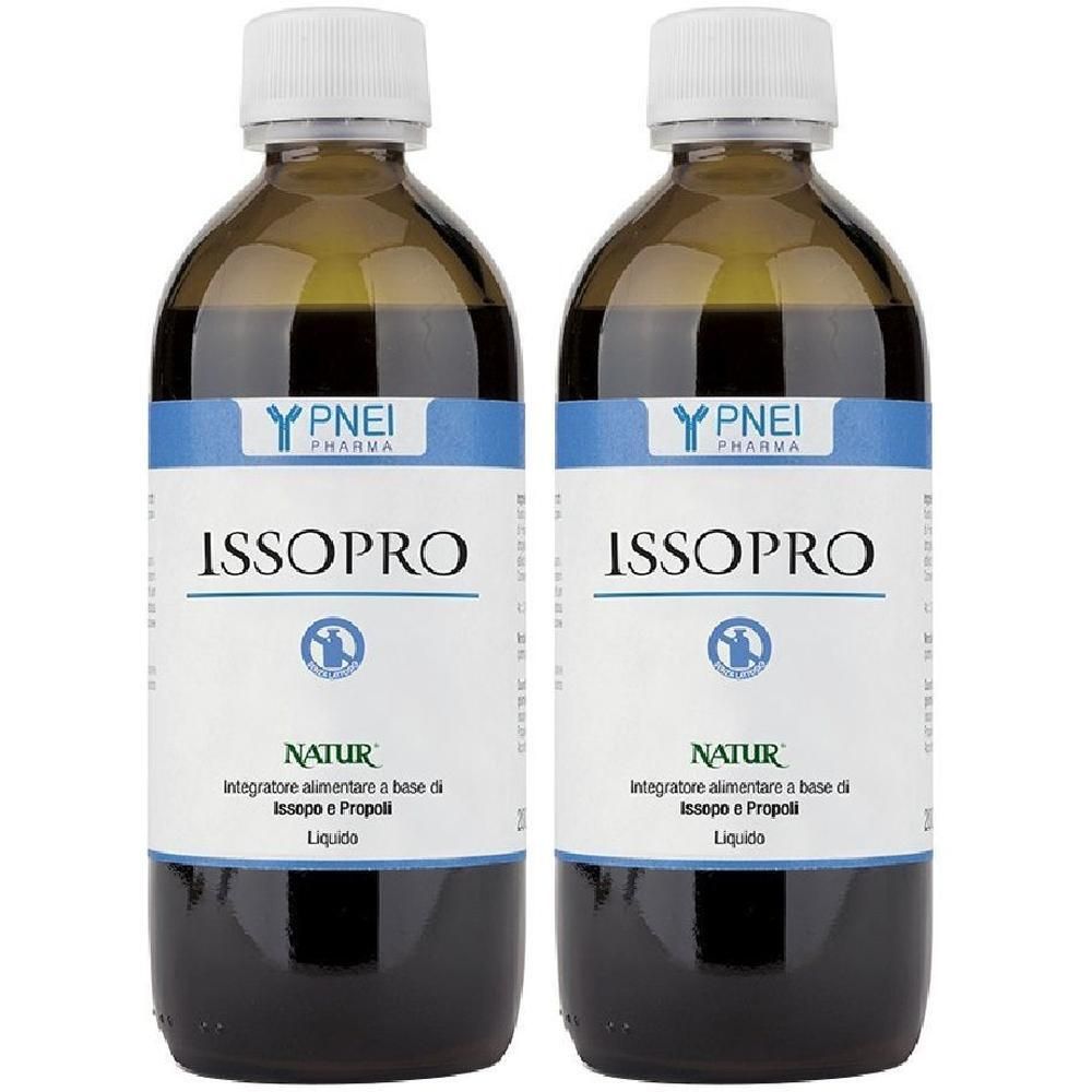 Due bottiglie di vetro marrone con tappo bianco, contenenti liquido scuro. Etichette riportano 'ISOPRO' e 'PNEI PHARMA'.