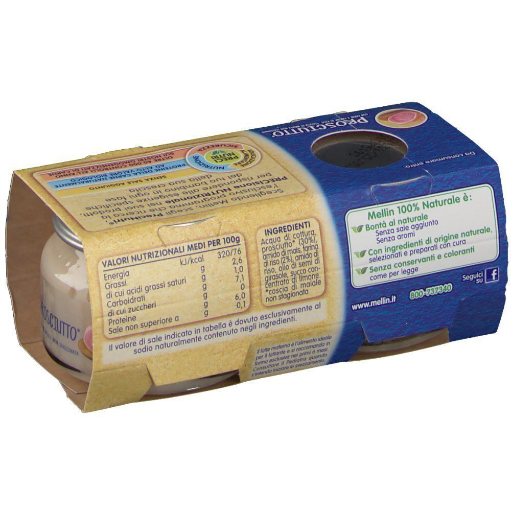 Vasetto di omogeneizzato in confezione di cartone con valori nutrizionali e lista ingredienti.