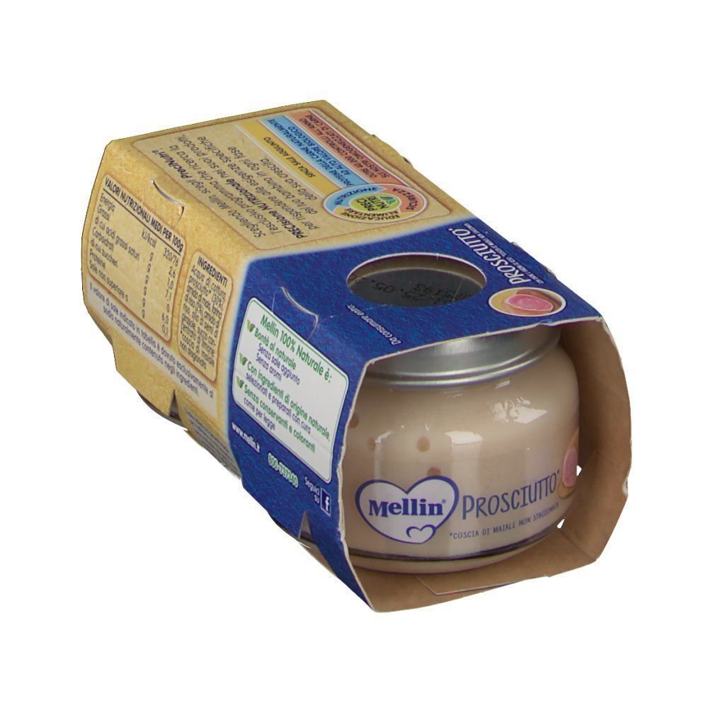 Mellin Prosciutto per neonati in vasetto con etichetta, confezionato in scatola.
