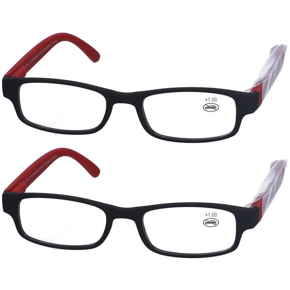 Due paia di occhiali da lettura con montatura nera e aste rosse. Diottria +1,00.